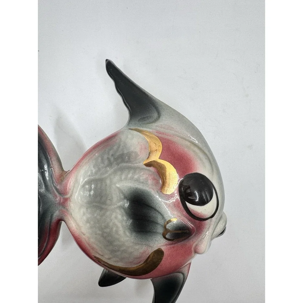 Vtg 1950 MCM Fish Wall Pocket Anthropomorphic Maroon Black Gold Planter Ceramic
